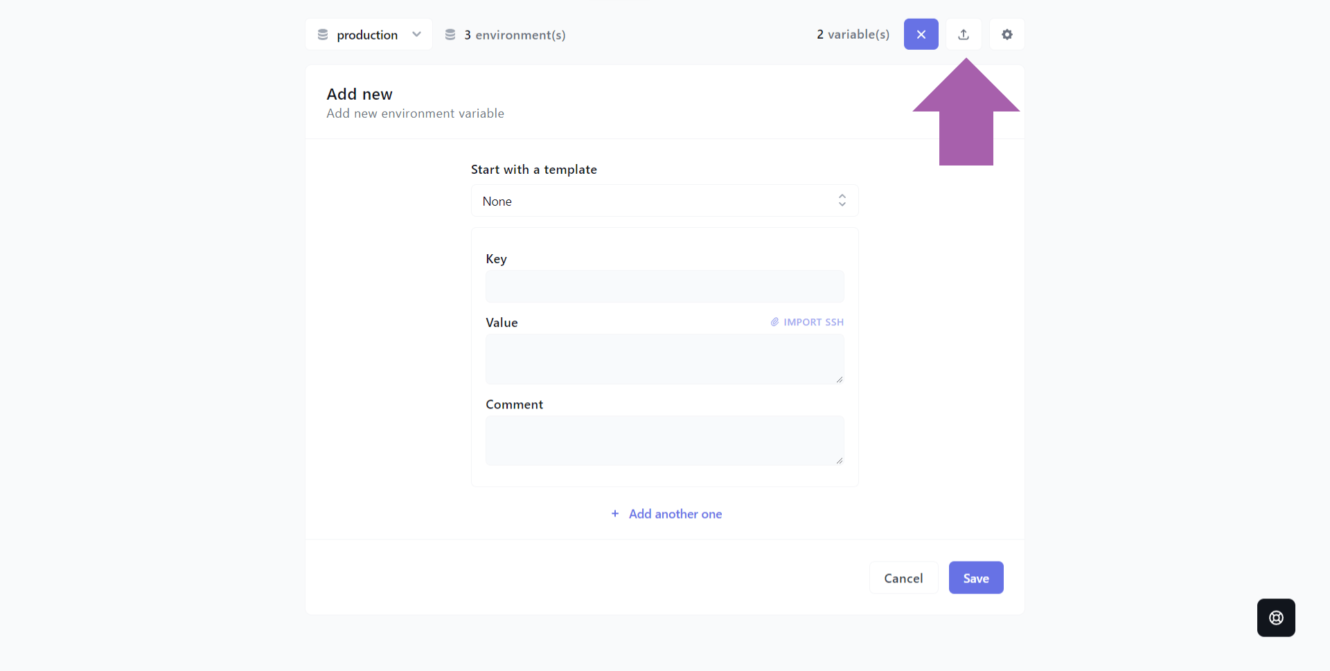 View of environment variables addition to Onboardbase.