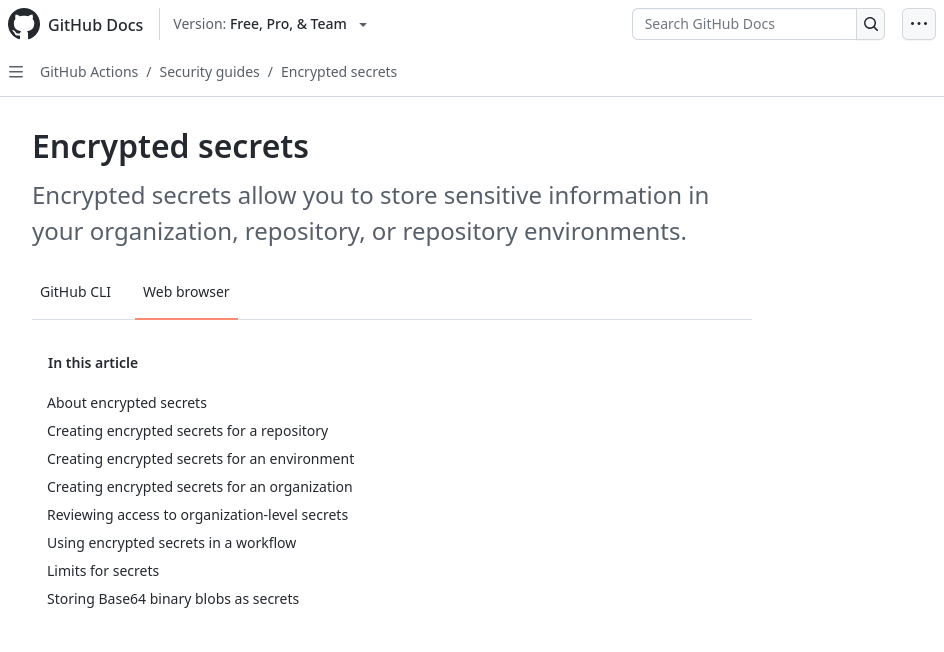 Picture of Github Secrets’ landing page