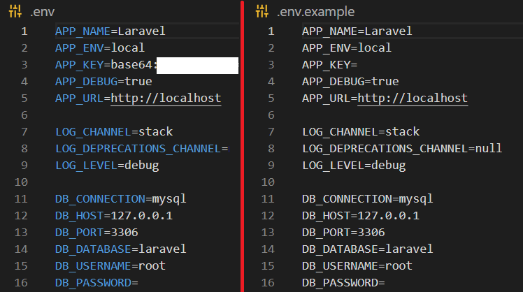 View comparing .env file’s content with .env.example file’s content.