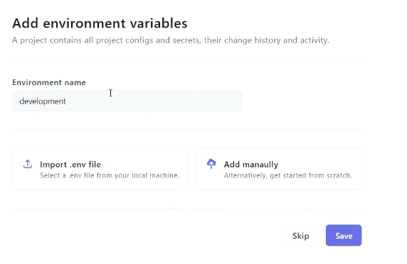 View of “add environment variables” feature while creating a project