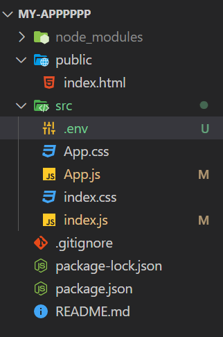 View of the folder of the react application with the .env file.