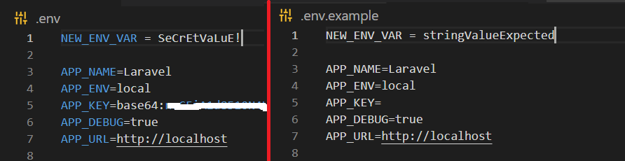View of user adding a new environment variable in .env called NEW_ENV_VAR and its example in .env.example.