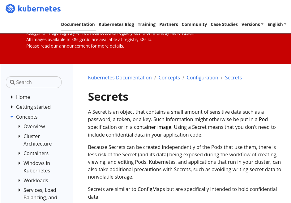Picture of Kubernetes Secrets’ landing page